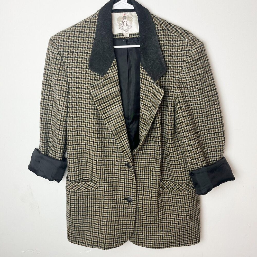 RZR WeatherWise Blazer Womens 9/10 Brown Black Houndstooth‎ Wool Leather Trim